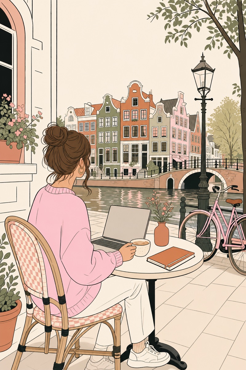 Ilustração de uma mulher trabalhando em um café holandês à beira de um canal